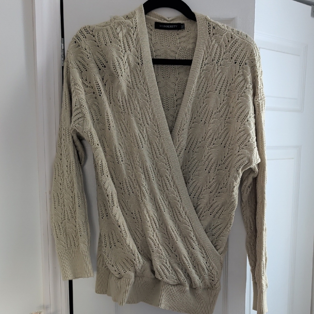 MEROKEETY Womens Deep V Neck Wrap Sweaters Long Sleeve Crochet Knit Pullover Top
